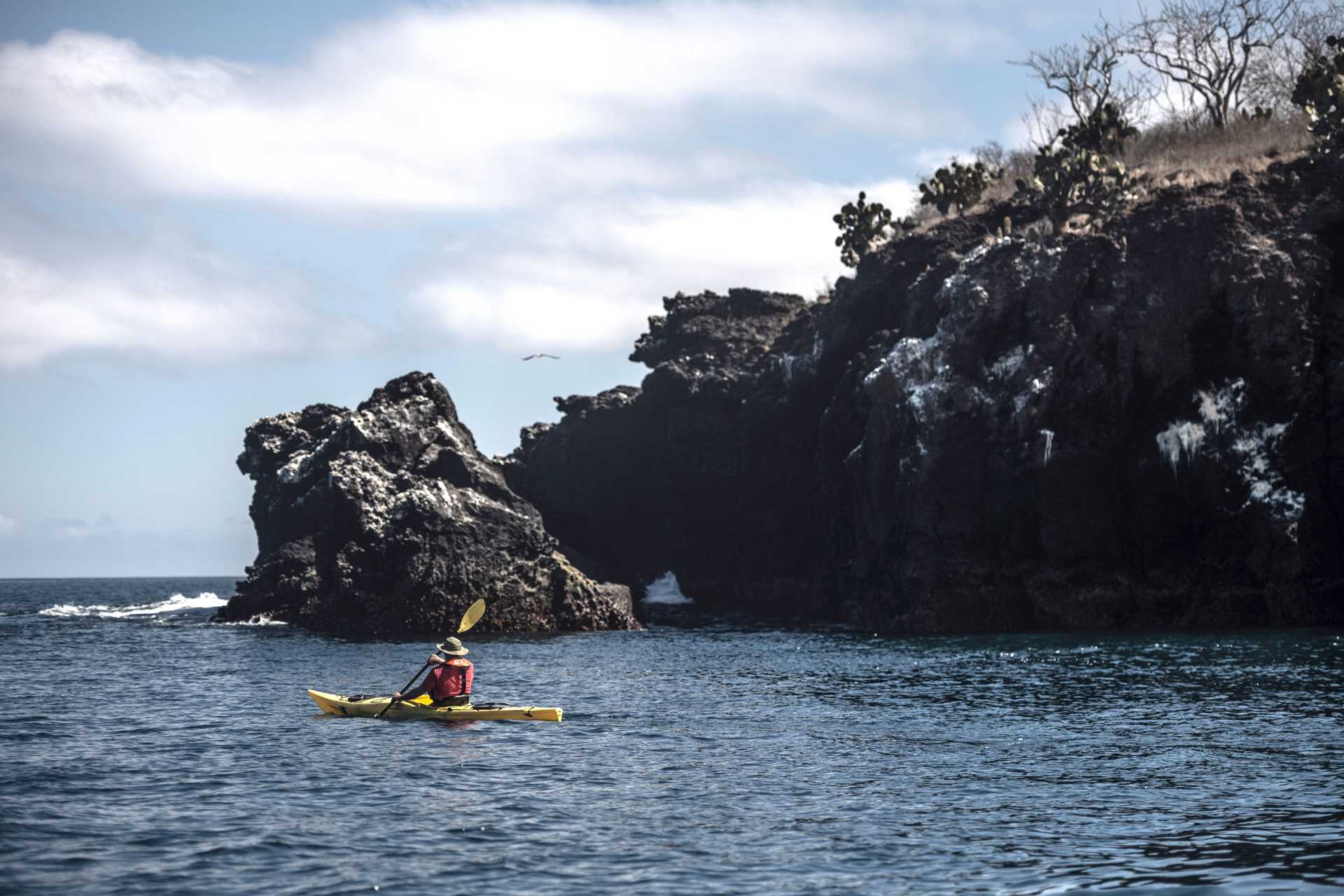 A traveler explores Buccaneer Cove by kayak amongst the rocky cliffs of Santiago Island, Galápagos.