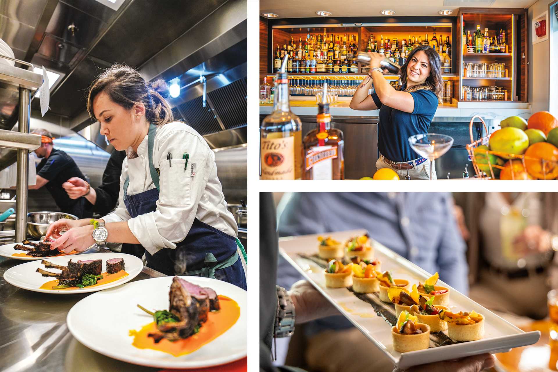 A collage of a chef plating a meal, a bartender making a cocktail, and a plate of appetizers.